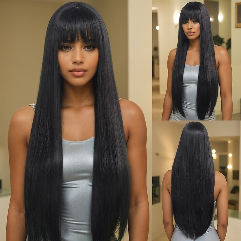 Synthetic Wig kinky Straight Natural Straight Layered Haircut Neat Bang Machine Made Wig 32 inches A1 Synthetic Hair Women's Creative Classic Comfortable Black Brown