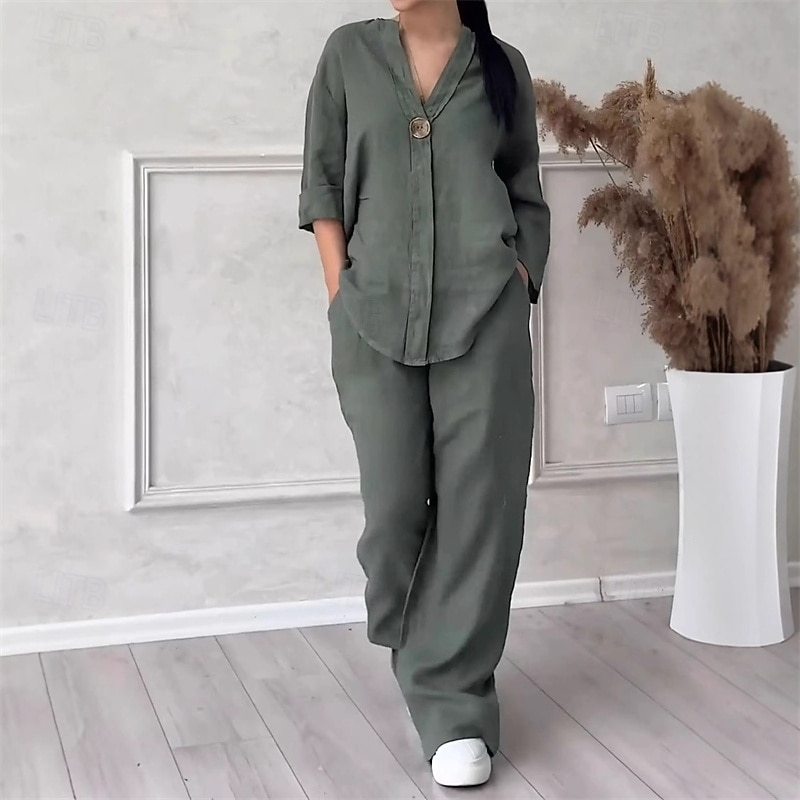 Women's Fashion Streetwear Cotton Linen Sets Two Piece Sets Pants Sets Long Sleeve V Neck Plain Daily Wear Date Black Army Green Navy Blue Summer Regular Fit3