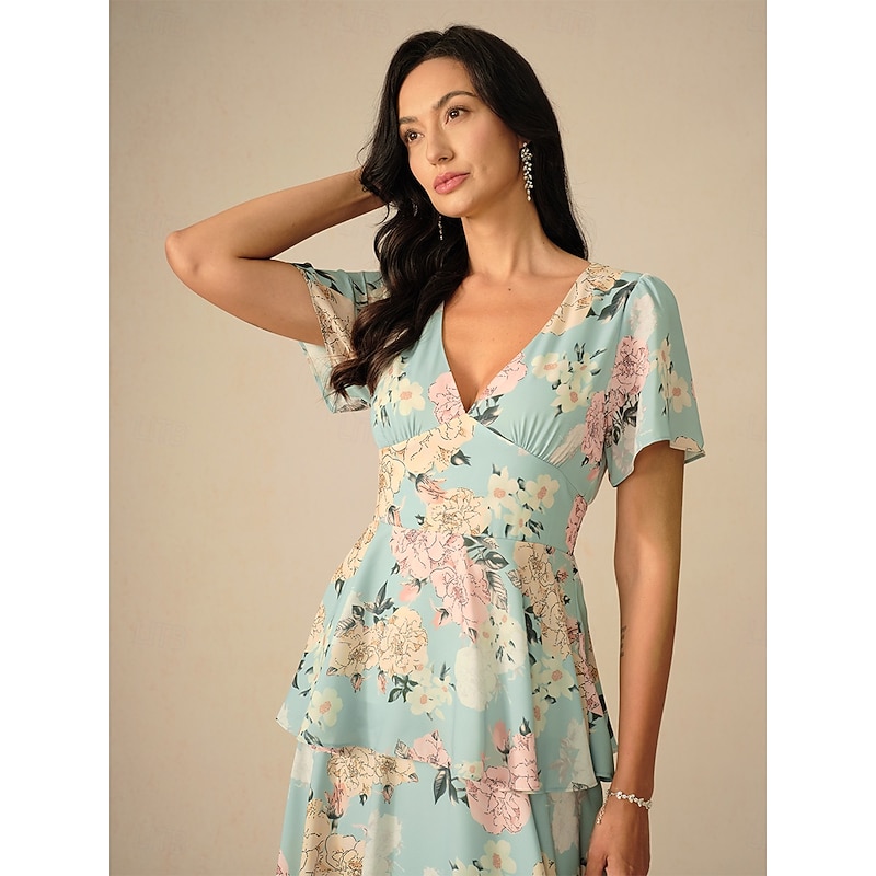 Women's Maxi Dress A Line Dress Layered Dress Elegant Ruffle Sleeve Vacation Loose Fit Floral Short Sleeve V Neck Sage Green Summer3