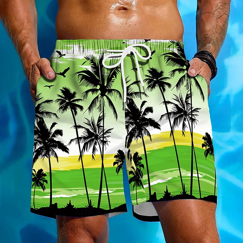 Men's Coconut Tree Tropical Plants Swim Shorts Board Shorts Swimming Trunks Mid Waist Streetwear Hawaiian Beach Vacation Wear Side Pockets Mesh Lining Elastic Drawstring Waist Designer Clothing