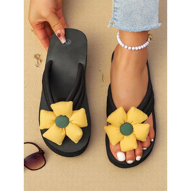 Women's Black Platform Flip Flops with Yellow Flower Detail – Cute Beach Sandals for Summer Vacations, Poolside Relaxation, and Daily Casual Wear3