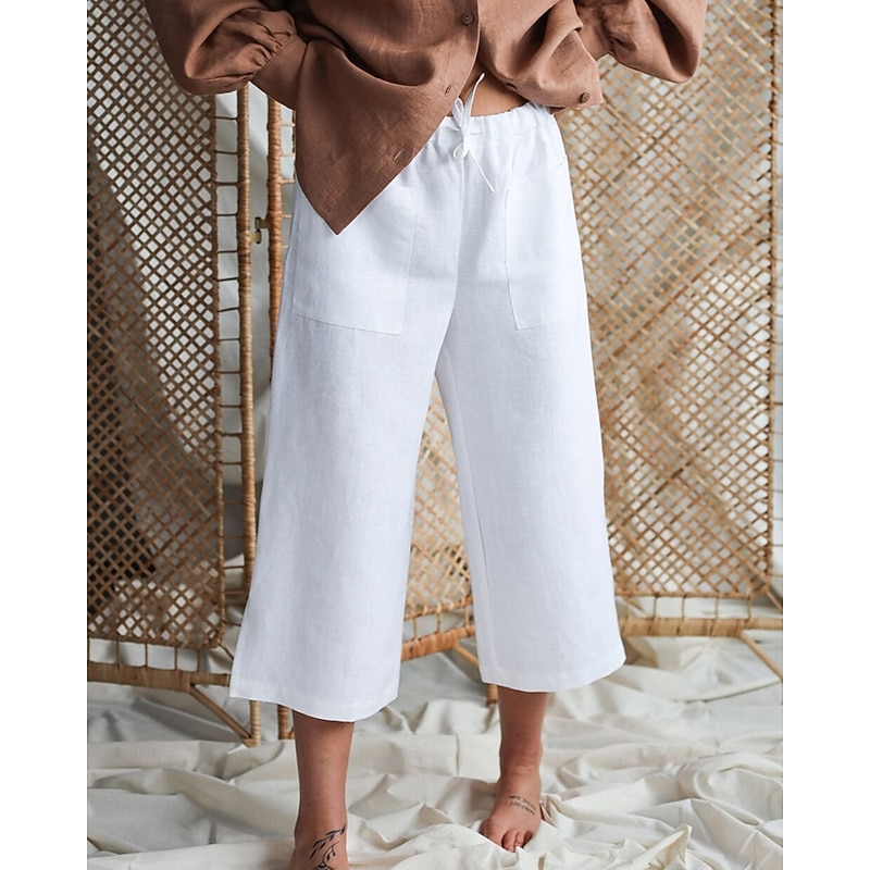 Women's Cotton Linen Pants Palazzo Pants Fashion Streetwear Comfort Calf-Length Mid Waist Plain Elastic Waist Comfy Outdoor Comfortable Street Daily Wear Going out Black White Khaki Summer Regular Fit3