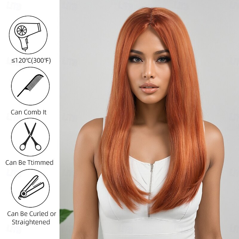 Synthetic Wig kinky Straight Natural Straight Layered Haircut Deep Parting Machine Made Wig 20 inch A1 Synthetic Hair Women's Middle Part Classic Comfortable Orange3