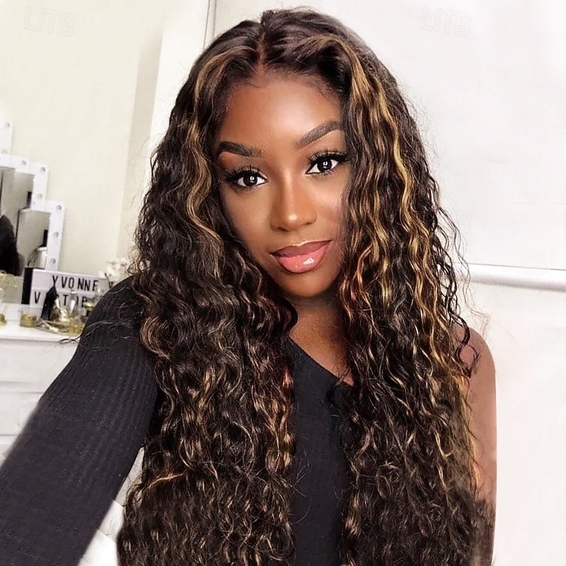 Synthetic Wig Jerry Curl Water Wave Layered Haircut Deep Parting Machine Made Wig 26 inch A1 Synthetic Hair Women's Classic Adorable Comfortable Brown