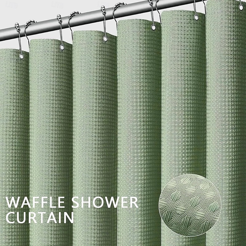 Fabric Shower Curtain Waffle Textured Heavy Duty Cloth Curtains for Bathroom, Hotel Spa Luxury Weighted Polyester Bath Curtain Set with 12 Plastic Hooks2