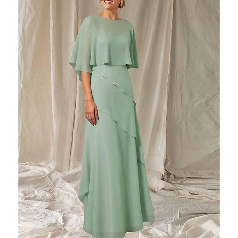 A-Line Mother of the Bride Dress Wedding Guest Elegant Crew Neck Floor Length Chiffon Half Sleeve with Cascading Ruffles