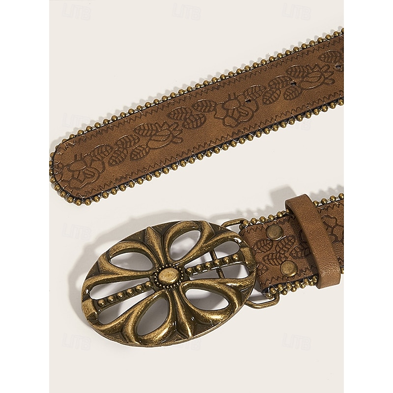 Women's Boho Floral Engraved Wide Leather Belt – Vintage Western Style with Antique Gold Flower Buckle, Adjustable Waistband for Dresses, Festivals and Daily Wear4