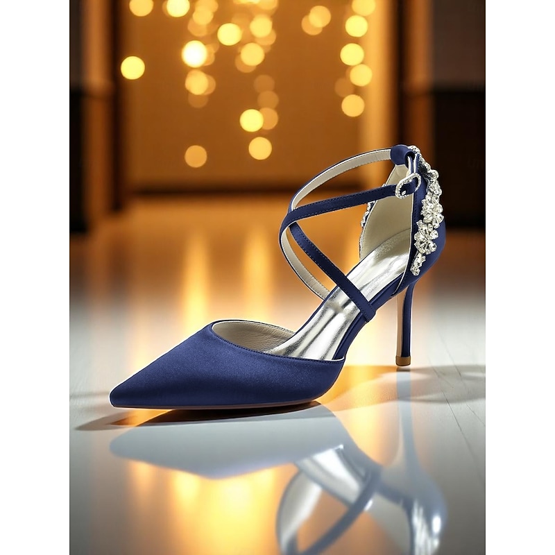Elegant Navy Blue Satin Heels for Brides – Crystal Decorated Strappy Wedding Shoes Perfect for Cocktail and Evening Parties