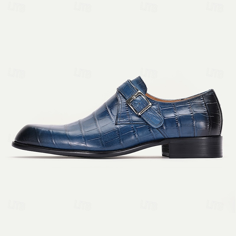 Men's Navy Blue Crocodile Pattern Leather Monk Shoes – Sophisticated Buckled Dress Shoes for Prom and Formal Events3