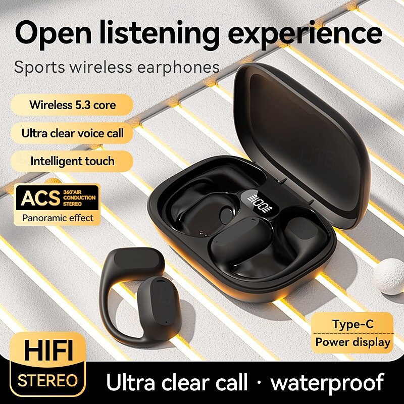 Open Ear Headphones Bluetooth 5.3 Bone Conduction Wireless Earbuds with Digital Display Charging Case Waterproof Immersive Stereo Sound Sport Headset with Mic for Running Walking Workout2
