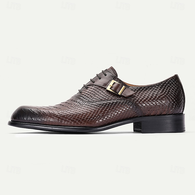 Men's Dark Brown Crocodile Pattern Leather Oxford Shoes with Buckle – Elegant Prom Dress Shoes for Formal Occasions3