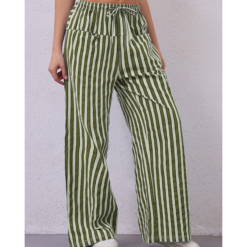 Women's Culottes Wide Leg Slacks Pants Trousers Streetwear Casual Full Length Natural Striped Pocket Elastic Drawstring Design Outdoor Comfortable Casual Daily Weekend Magenta Rust Black Yellow Summer4