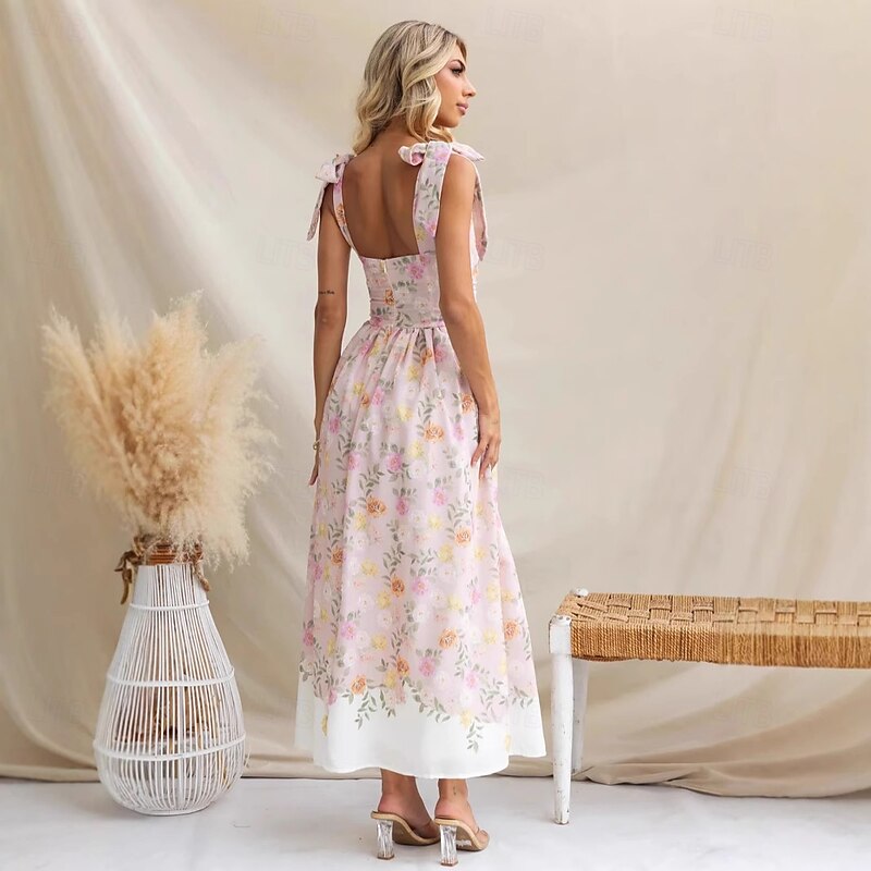 Retro Vintage 1950s Rockabilly Maxi Dress Flare Dress Cottagecore Floral Fancy Dress Women's Vacation Homecoming Party & Evening Adults' Dress Summer2