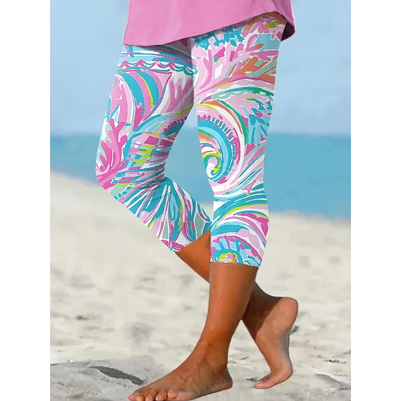 Women's Leggings Capri Pants High Elasticity Vacation Vintage Fashion Calf-Length High Waist Graphic Geometric Abstract Printing Breathable Soft Stretchy Formal Vacation Office Pink Summer Spring