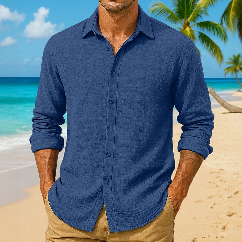 Men's Shirt Summer Shirt Casual Shirt Beach Shirt Button Up Shirt Seersucker Shirt Black Red Dark Navy Navy Blue Dark Green Long Sleeve Solid Color Plain Collar Vacation Casual Clothing Apparel