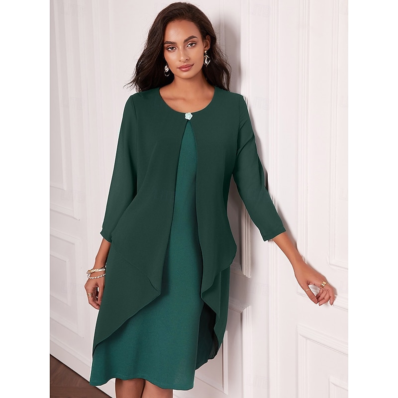 Women's Evening Dress Cape Sleeve Knee-Length Elegant Green Sheer Overlay Party Wedding Guest Spring Summer Regular Fit2