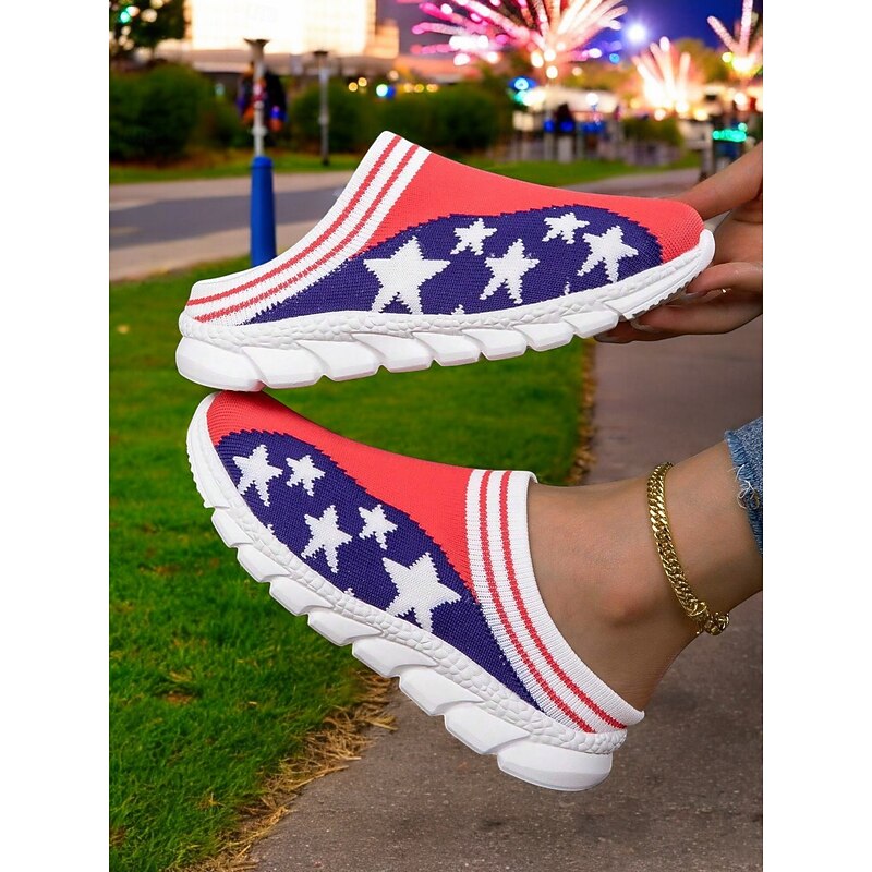 Women's Patriotic Flag Print Knit Sneakers – Slip-On Casual Walking Shoes for Independence Day, Festivals & Everyday Outfits2