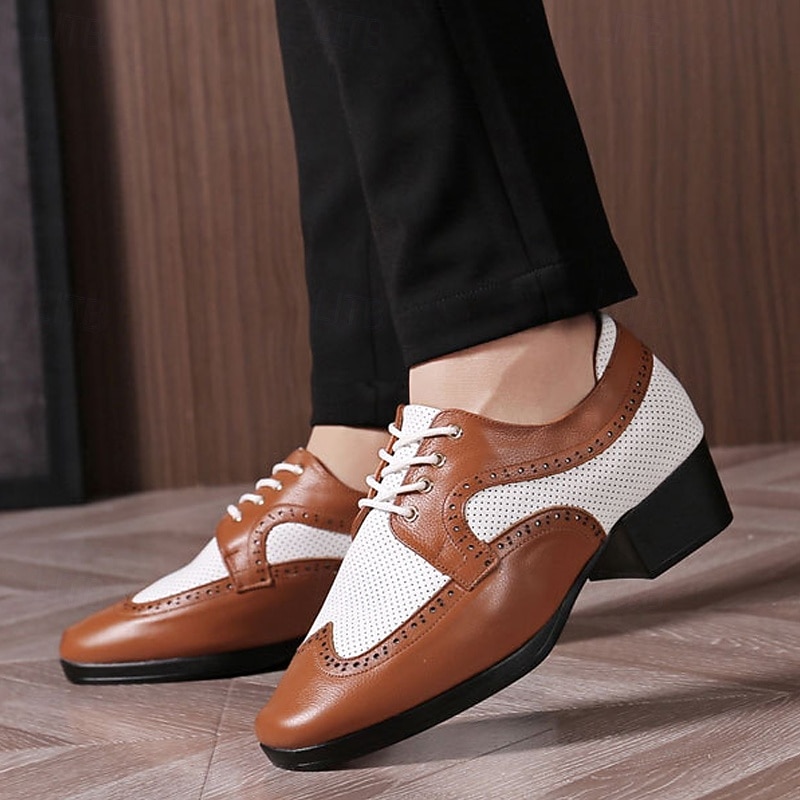 Men's Brown and White Faux Leather Dance Shoes – Classic Lace-Up Oxford Design with Perforated Detailing for Ballroom and Latin Dancing2