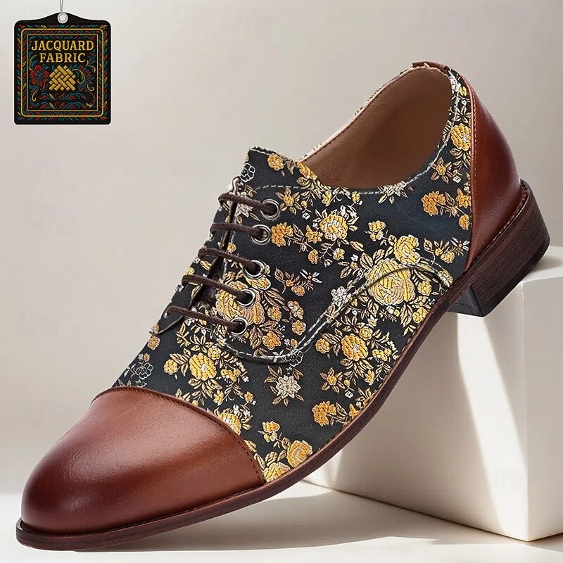 Men's Floral Jacquard Oxford Shoes with Faux Leather Toe Cap and Heel – Vintage Style Dress Shoes for Formal Events