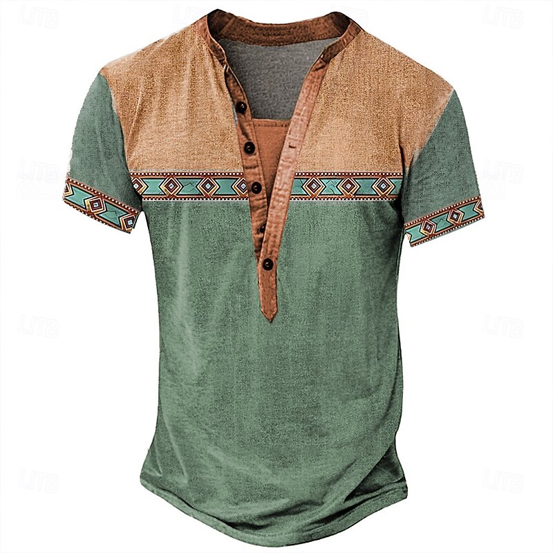 Men's Tribal T Shirt Henley Shirt Tee Short Sleeve Designer Basic Bohemian Outdoor Casual Daily Summer Lake Blue Light Green Light Blue Khaki Henley Henley T-Shirt4