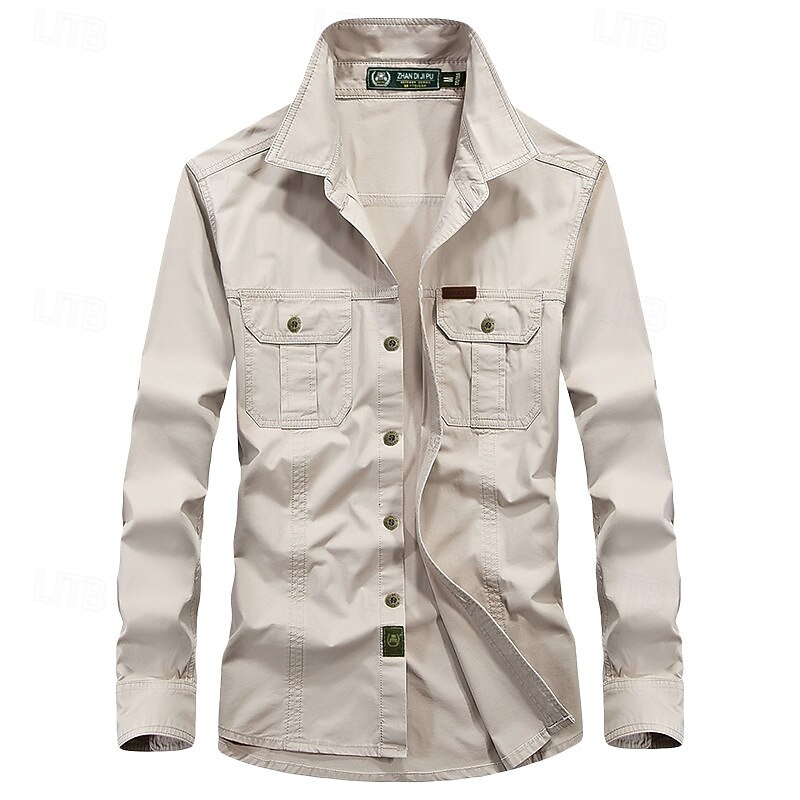 Men's Shirt Summer Shirt Casual Shirt Button Up Shirt Cargo Shirt Black White Red Dark Navy khaki Long Sleeve Plain Shirt Collar Vacation Hawaiian Pocket Clothing Apparel 100% Cotton Fashion Casual