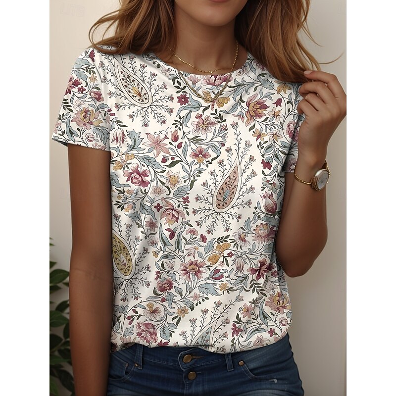 Women's T Shirt Graphic Paisley Vintage Stylish Casual Short Sleeve Crew Neck Regular Tops Daily Weekend Beach Wear Print Black+White+Red Black Pink Dark Green Brown Summer2