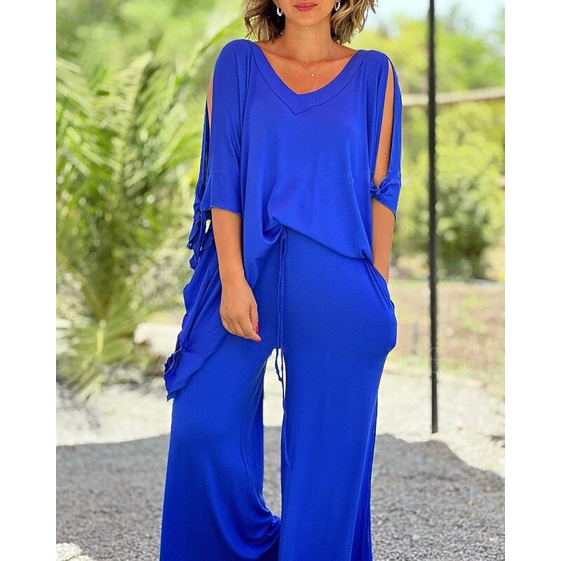 Women's Active Fashion Blouse Pants Sets Half Sleeve V Neck Solid Color Cut Out Holiday Casual Daily Black Blue Orange Summer Regular Fit4