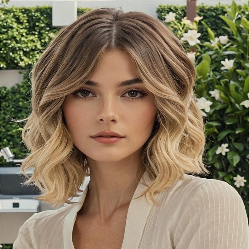 Bob Curly Wig with Fringe Short Synthetic Wavy Wigs for Women Honey Blonde Color