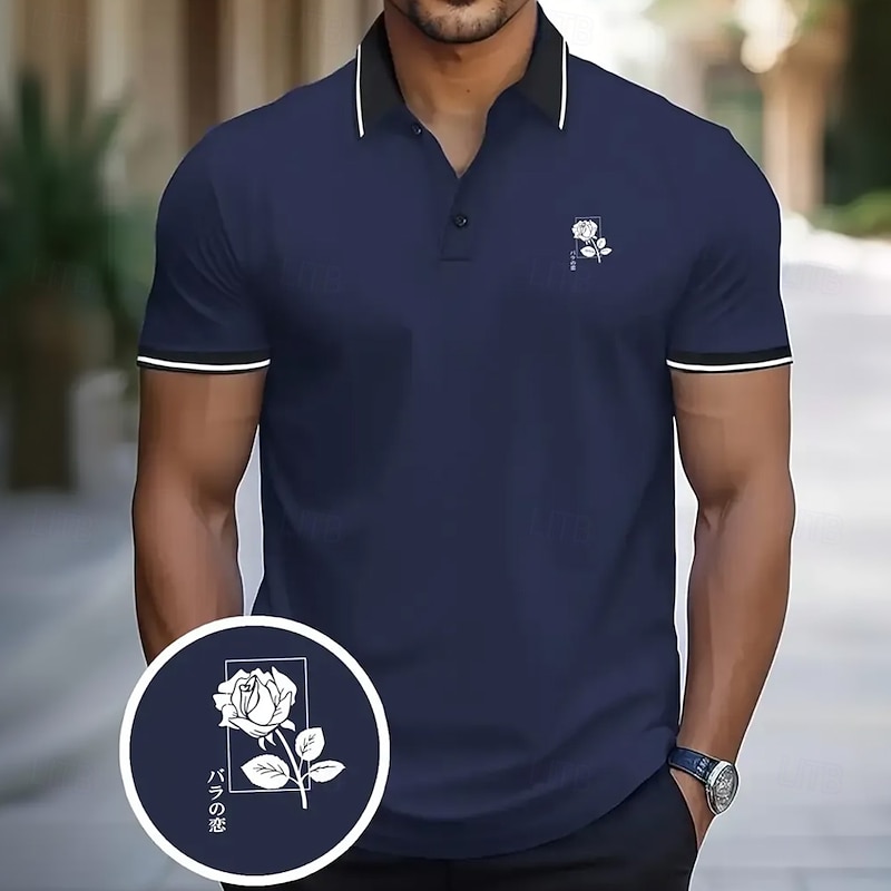 Men's Rose Polo Short Sleeve Polo Shirts Collared Shirts Casual School Outdoor Daily Wear Home Wear 3D Print Summer Black Red Navy Blue