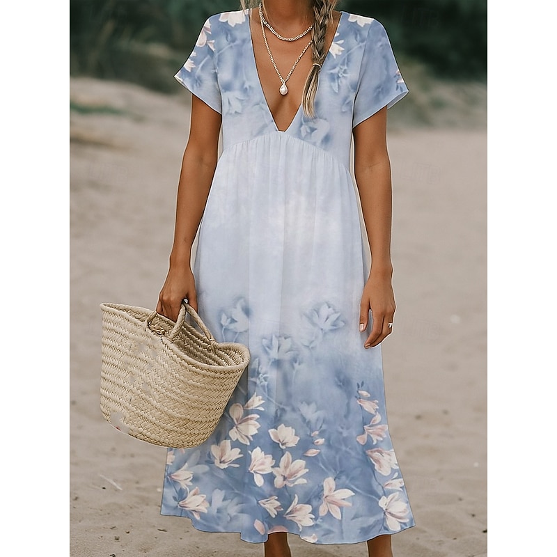 Women's Midi Dress Casual Dress Hot Daily Date Loose Fit Flower Short Sleeve Deep V Light Green Pink Blue Light Purple Summer4