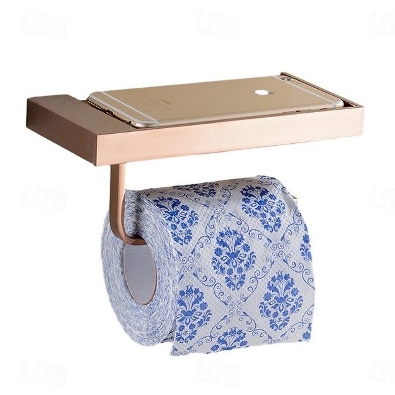 Toilet Paper Holder, Antique Style Bathroom Tissue Holder, Brass, Wall Mounted Bathroom Roll Paper Holder with Mobile Phone Storage Shelf, for Kitchen Bathroom, Tissue Roll Hanger