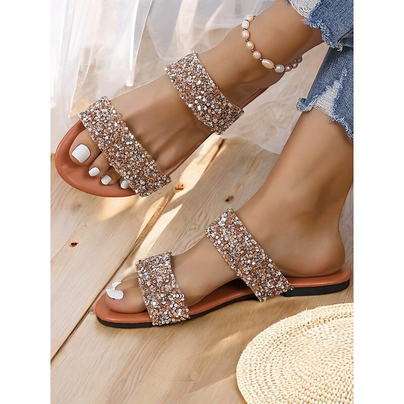 Women's Rose Gold Glitter Slide Sandals – Sparkly Double Strap Flat Shoes for Party, Beach & Summer Outfits2