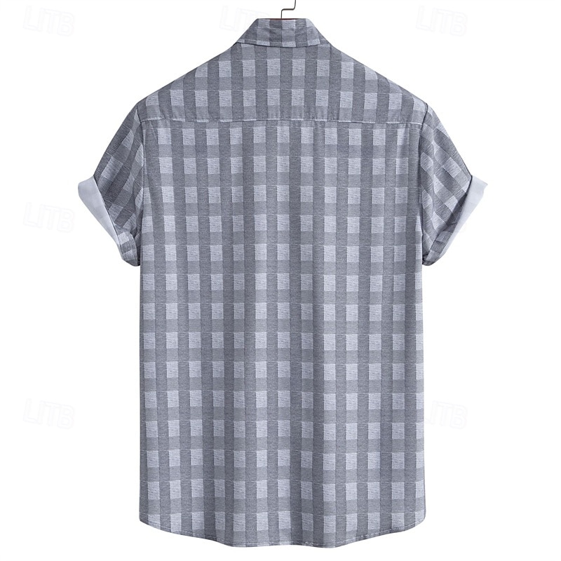 Men's Shirt Summer Shirt Casual Shirt Beach Shirt Button Up Shirt Gray Short Sleeve Plaid / Check Lapel Vacation Hawaiian Clothing Apparel Polyester Fashion Casual Comfortable2