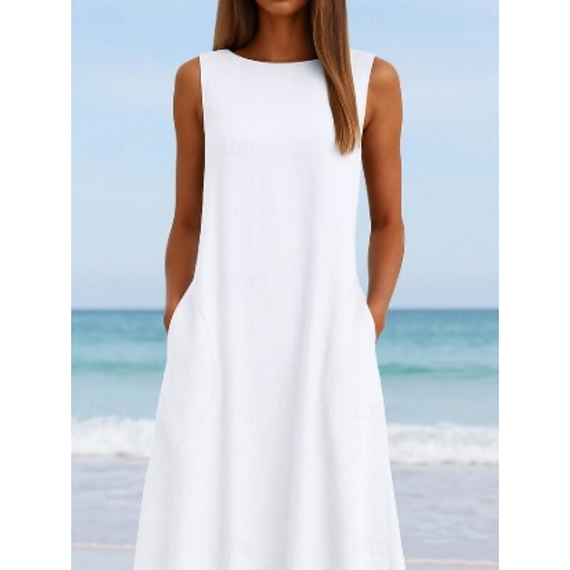 Women's Midi Dress White Dress Casual Dress Tank Dress Summer Dress Fashion Basic Modern Daily Beach Weekend Regular Fit Plain Sleeveless Crew Neck White Summer4