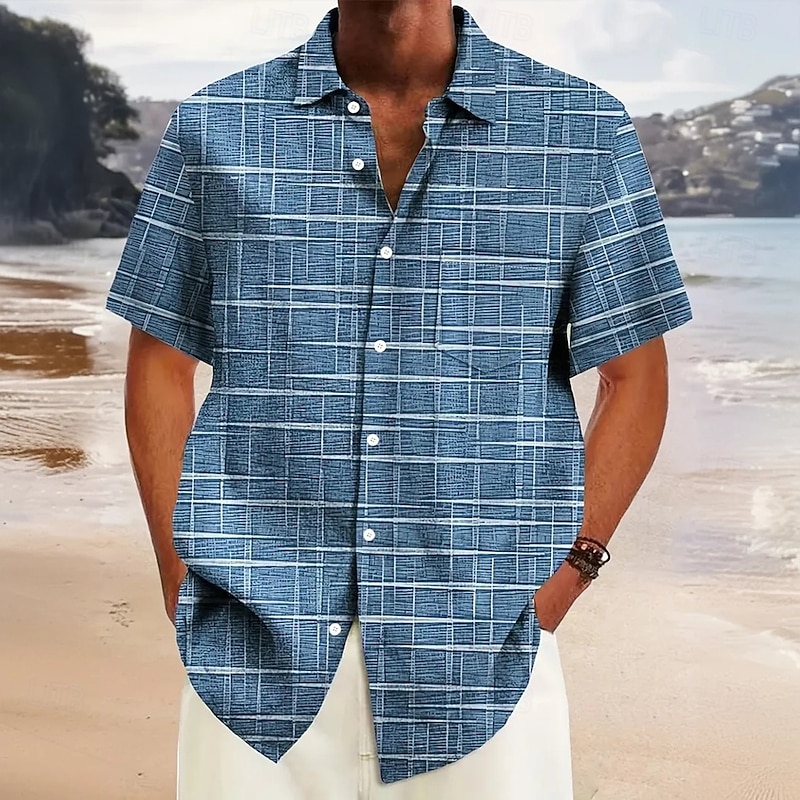 Men's Geometric Grid / Plaid Shirt Casual Shirt Button Up Shirt Short Sleeve Fashion Casual Outdoor Vacation Dailywear Summer Turndown 3D Print Front One Pocket Linen Like Shirt Black Blue Green3