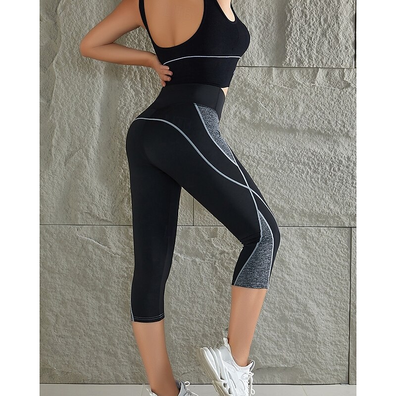 Women's Capri Leggings Patchwork Butt Lift Tummy Control High Waist Pilates Gym Workout Workout Bottoms Color Block White Red Blue Spandex Fall Sports Activewear Stretchy Skinny