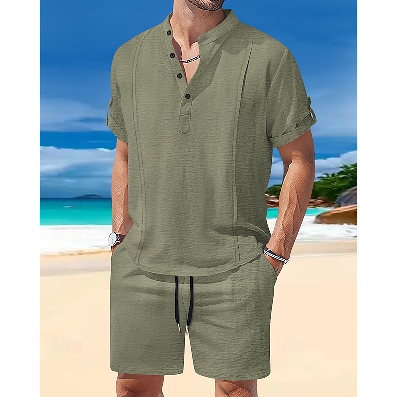 Men's T-shirt Suits 2 Pieces Outfits Tee & Shorts Short Sleeve Henley Summer Plain Fashion Casual 2 Piece Vacation Daily Wear Going out White Royal Blue Brown Top Tee for Men4