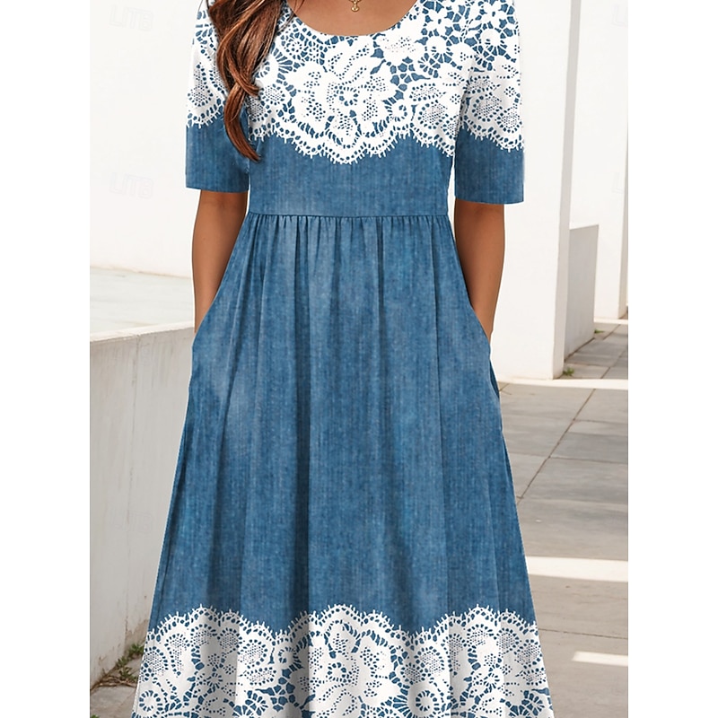 Women's Midi Dress A Line Dress Summer Dress Vacation Casual Daily Holiday Regular Fit Floral Graphic Half Sleeve Crew Neck Black Pink Blue Summer3