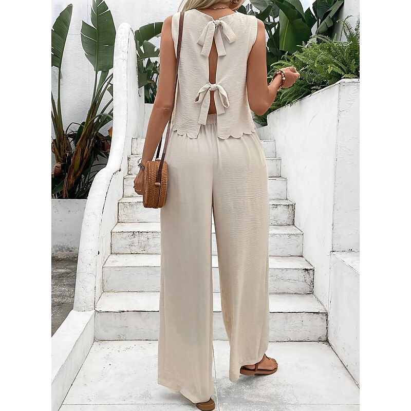 Women's Fashion Pants Sets Sleeveless Round Neck Solid Color Lace up Backless Bow Casual Daily Black Dark Navy Orange Summer Regular Fit3