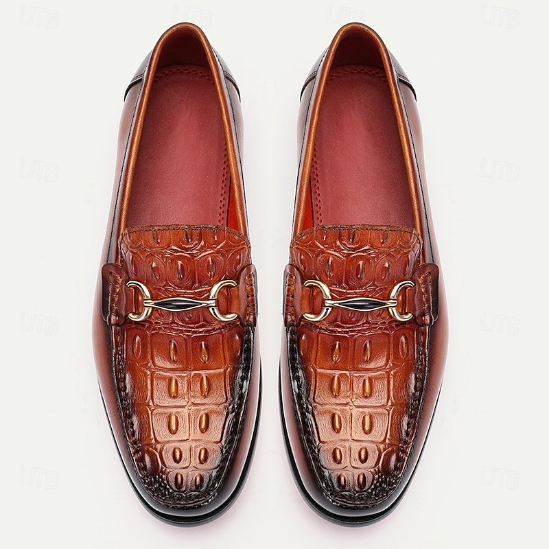 Men's Brown Leather Loafers with Crocodile Pattern and Gold Detail – Kentucky Derby Shoes for Formal and Semi-Formal Events4
