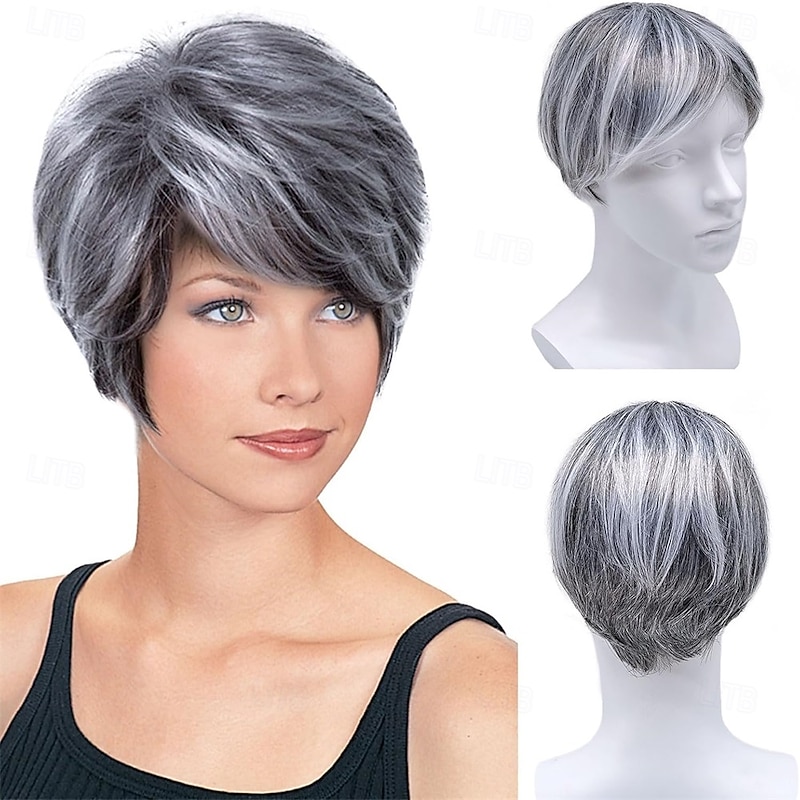 Short Fluffy Grey Wigs for Women Old Middle Age Women's Short Silver Wig Synthetic Short Curly Cosplay Hair Wig Grey Layered Messy Shaggy Synthetic Hair Wig for Women Old Lady