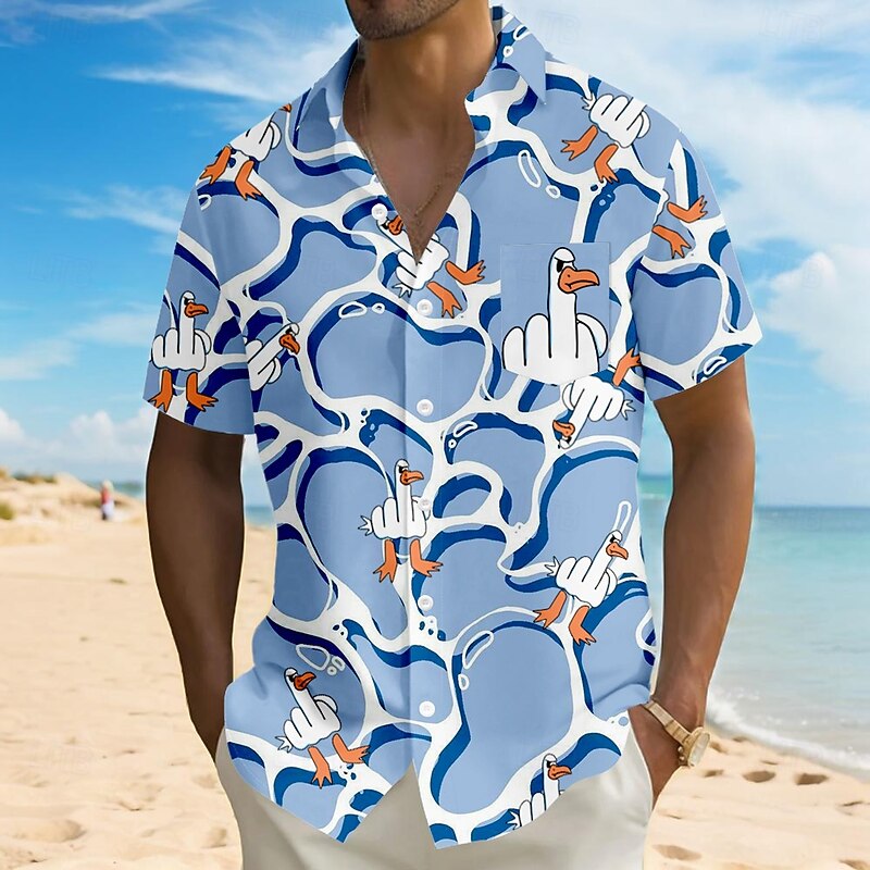 Men's Geometric Funny Duck Shirt Summer Hawaiian Shirt Button Up Shirt Short Sleeve Hawaiian Vacation Holiday Beach Wear Summer Turndown 3D Print Front One Pocket Linen Like Shirt Blue Purple Green2