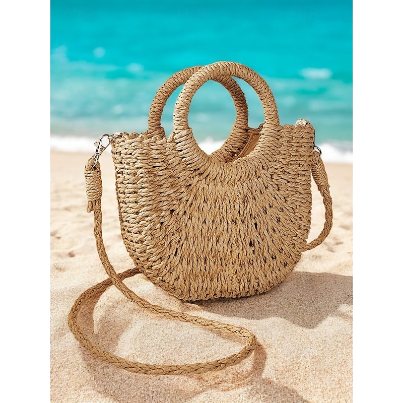 Women's Woven Straw Beach Bag with Round Handles and Long Strap – Boho Summer Handbag for Vacation, Travel and Casual Outfits Pink Orange Brown - Main Image