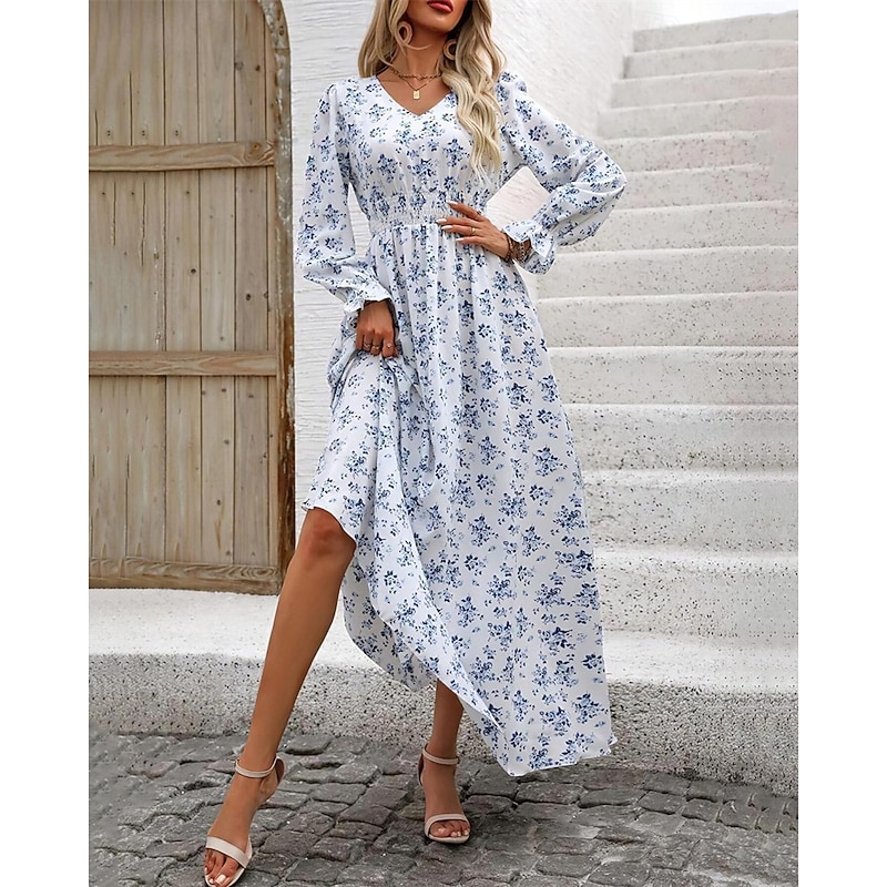 Women's Long Dress Maxi Dress Casual Dress Swing Dress Print Dress Fashion Classic Modern Puff Sleeve Outdoor Vacation Holiday Regular Fit Flower Long Sleeve V Neck Black White Green Summer2