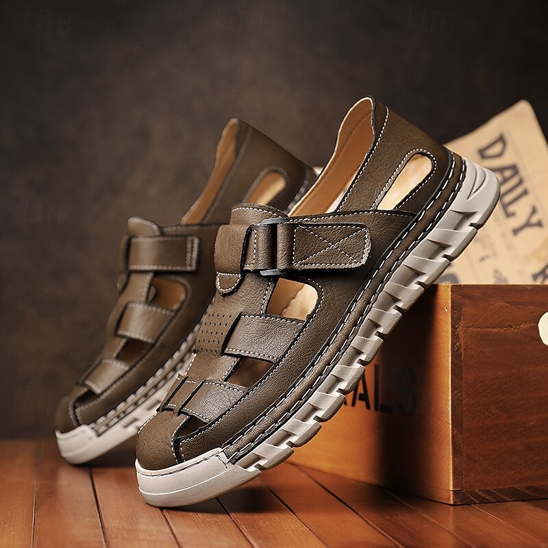 Men's Brown Faux Leather Fisherman Sandals – Comfortable Velcro Strapped Outdoor Shoes for Summer and Casual Wear2