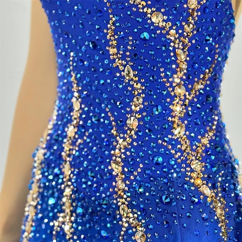 Figure Skating Dress Women's Girls' Ice Skating Dress Navy Patchwork Asymmetric Hem Mesh Spandex High Elasticity Training Competition Skating Wear Classic Crystal / Rhinestone Long Sleeve Ice Skating2