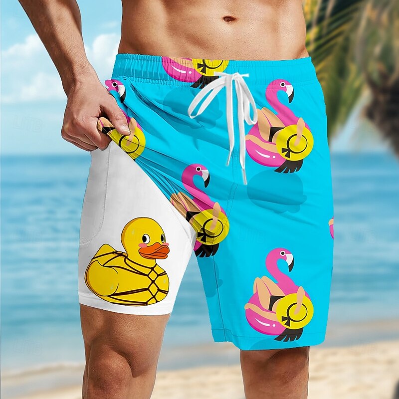 Men's Flamingo Funny Duck Lined Shorts 2 in 1 Board Shorts Swim Shorts Mid Waist Hawaiian Vacation Holiday Beach Wear Side Pockets With Compression Liner Elastic Drawstring Waist Designer Clothing