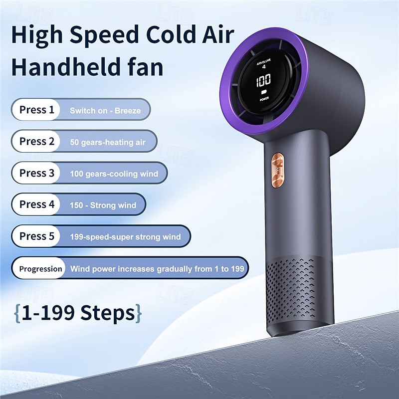 High-Speed Handheld Fan – 199-Speed Adjustable Cooling & Heating Modes, Portable Quiet Brushless Motor, LED Display, Multi-Gear Wind Power for Home, Travel & Outdoor