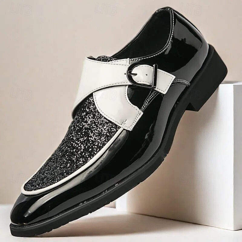 Men's Dress Shoes - Black and White Two-Tone Shoes with Glitter Detailing for Dance Parties and Special Occasions