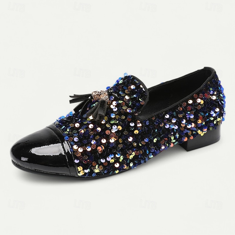 Men's Black Sequin Leather Loafers with Bow – Prom and Formal Party Slip-On Shoes for Nightclubs, Red Carpet Events and Gala Dinners3